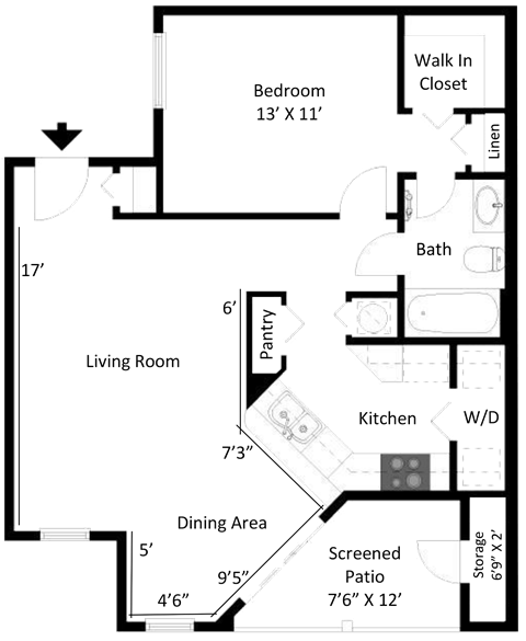 Floor plan for 1 bed, 1 bath, 818 sqft